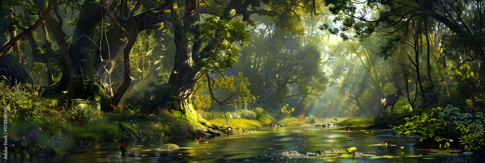 Nature's Symphony: A Harmonious Scene of Tranquil River Flowing Through Lush Forest Coexisting with Wildlife in Perfect Balance Nature's Symphony: A Harmonious Scene of Tranquil River Flowing Through Lush Forest Coexisting with Wildlife in Perfect Balance