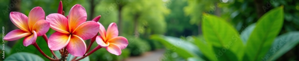 Pink frangipani flowers in a garden with greenery and trees, nature, frangipani Pink frangipani flowers in a garden with greenery and trees, nature, frangipani