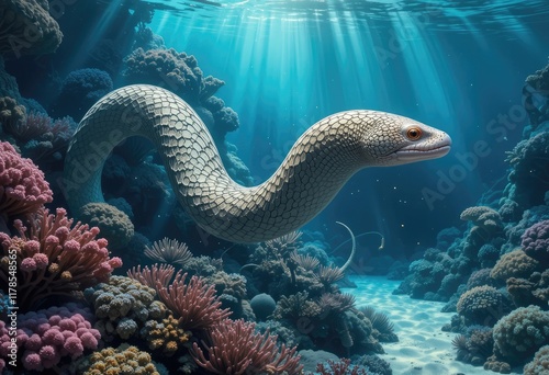 Fantasy sea serpent in coral reef photo