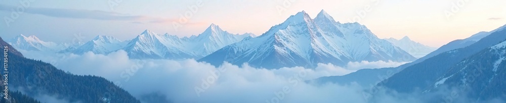 The misty veil that surrounds the snow-capped mountains shrouds them in mystery, snowy peaks, alpine scenery The misty veil that surrounds the snow-capped mountains shrouds them in mystery, snowy peaks, alpine scenery