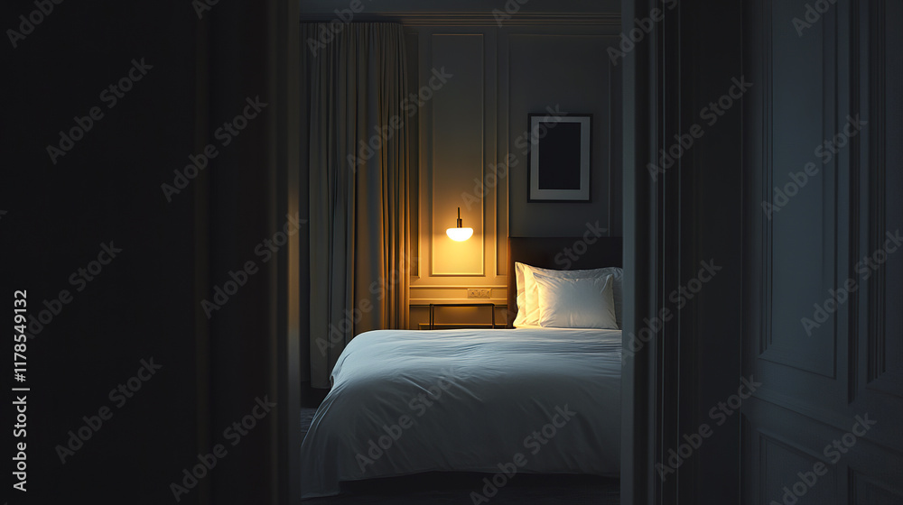 Fototapeta premium Cozy bedroom with warm lighting and plush bed in minimalist style