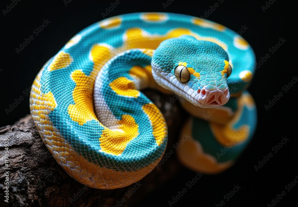 A Vibrant Blue and Yellow Snake Coiled on a Branch, Showcasing Intricate Patterns and Textures in Natural Light Against a Dark Background A Vibrant Blue and Yellow Snake Coiled on a Branch, Showcasing Intricate Patterns and Textures in Natural Light Against a Dark Background