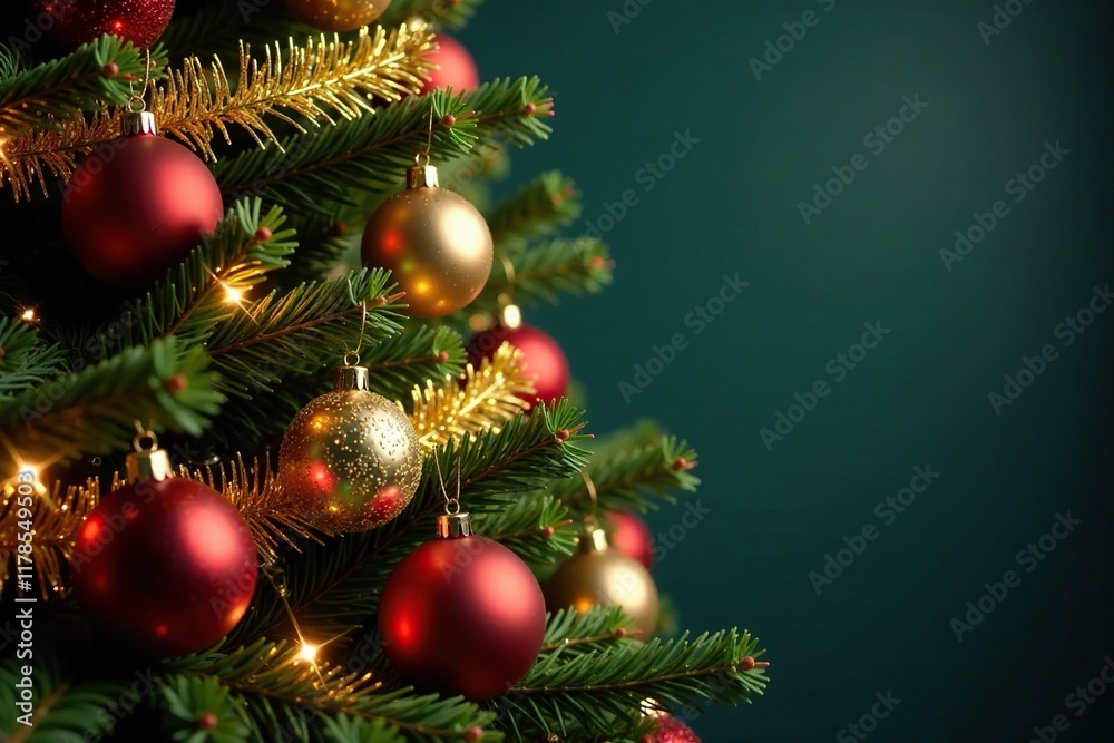 Holiday tree adorned with gold tinsel and sparkling ornaments, holiday tree, twinkling lights Holiday tree adorned with gold tinsel and sparkling ornaments, holiday tree, twinkling lights