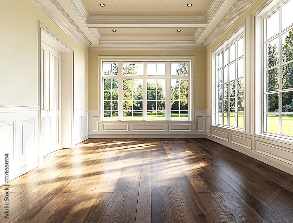 Obraz premium Sunlit Luxurious Room with Hardwood Floors and Large Windows