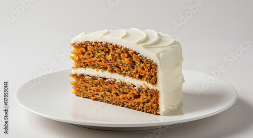 Delicious Two Layer Carrot Cake Slice with Creamy Frosting on White Plate