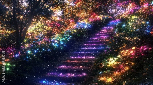 A radiant canyon filled with glowing rivers that shimmer like liquid gold under the light of a swirling aurora. Towering cliffs of crystalline rock refract the light, and glowing stairways lead 