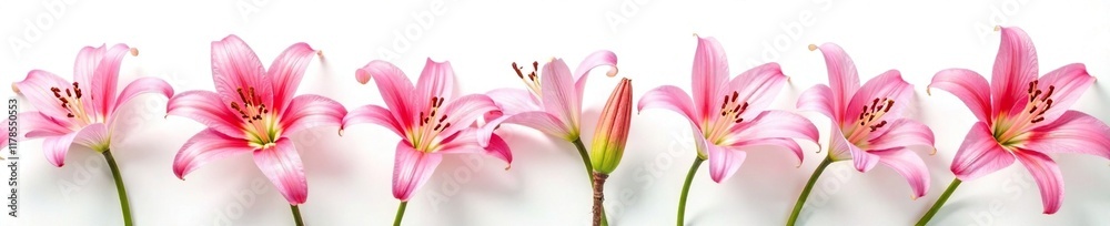 White background with fresh cut pink Oriental Stargazer lily stems, floral, white, background White background with fresh cut pink Oriental Stargazer lily stems, floral, white, background