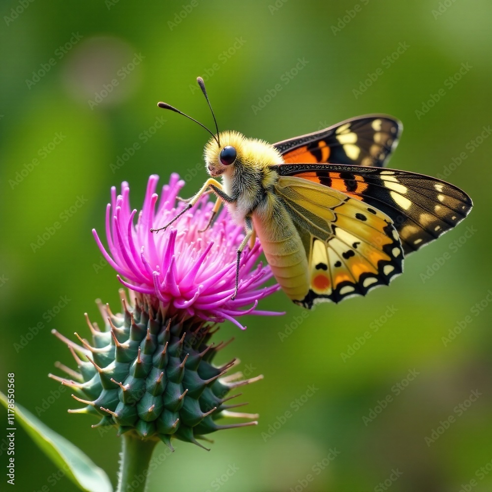 White lined sphinx moth feeding from Anderson's thistle petals, thistle, nature White lined sphinx moth feeding from Anderson's thistle petals, thistle, nature