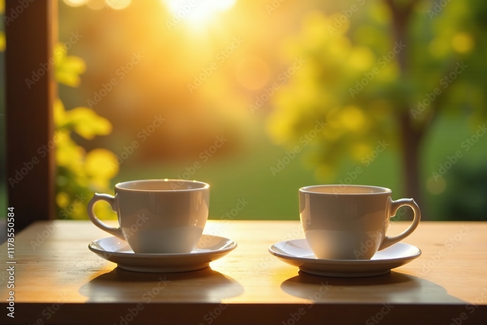 Wooden table with empty coffee cups in the morning light, table, sunrise Wooden table with empty coffee cups in the morning light, table, sunrise