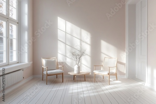 Sunlit minimalist living room with light wood chairs