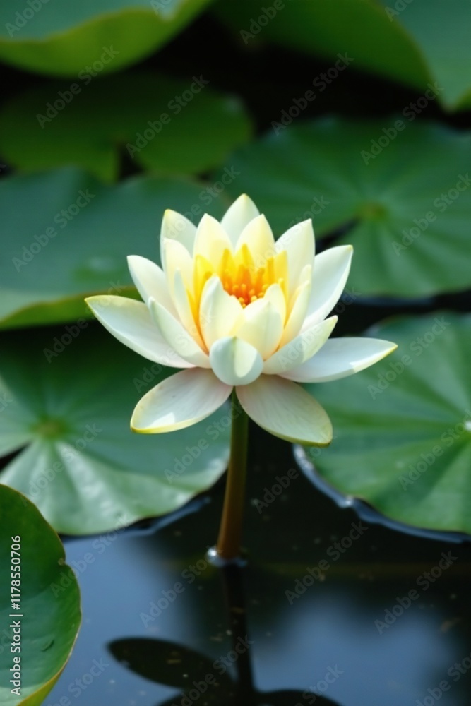 Delicate water lily flower blooms on the surface of a serene pond, calm, yellow Delicate water lily flower blooms on the surface of a serene pond, calm, yellow