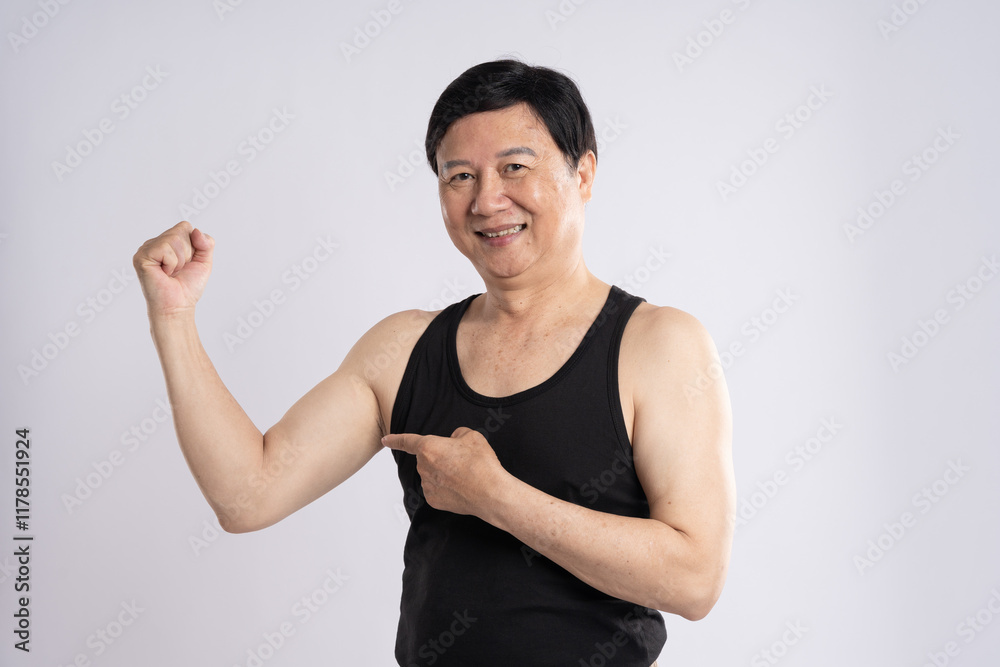 portrait of elderly man exercising on white background portrait of elderly man exercising on white background