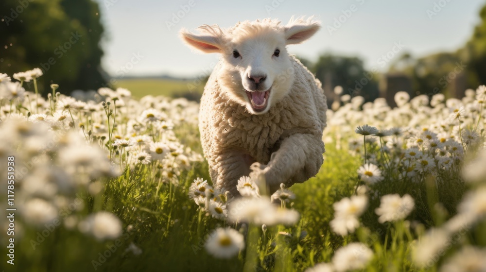 A fluffy, round sheep with a playful expression, bouncing around a field filled with vibrant green grass and blooming flowers. A fluffy, round sheep with a playful expression, bouncing around a field filled with vibrant green grass and blooming flowers.