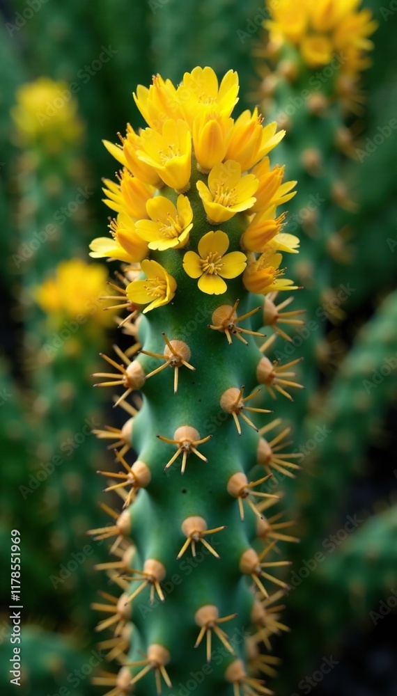 Prickly stem with clusters of small yellow flowers in a garden, ornamental plant, cactus Prickly stem with clusters of small yellow flowers in a garden, ornamental plant, cactus