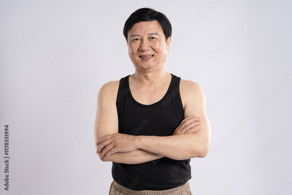 portrait of elderly man exercising on white background portrait of elderly man exercising on white background