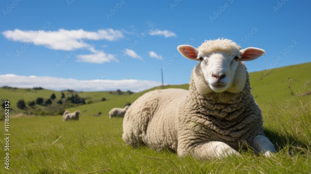A fluffy sheep with a perfectly round body and soft, white wool, sitting in a field of green grass, with a background of rolling hills and a clear blue sky. A fluffy sheep with a perfectly round body and soft, white wool, sitting in a field of green grass, with a background of rolling hills and a clear blue sky.