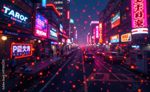 A city street at night illuminated by a vibrant display of digital data, showcasing the intersection of technology and urban life.