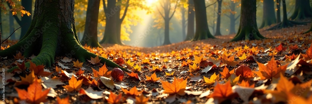 Forest floor carpeted with fallen leaves and twigs, autumn, twig, forest scenery Forest floor carpeted with fallen leaves and twigs, autumn, twig, forest scenery