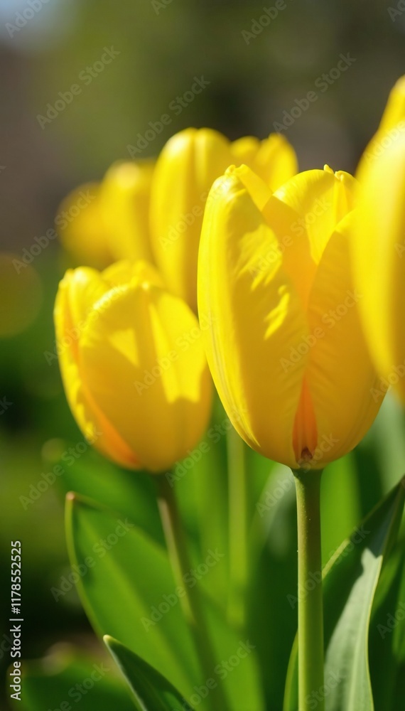 Obraz premium Row of yellow tulips with green stems and leaves, , leaves, blooming