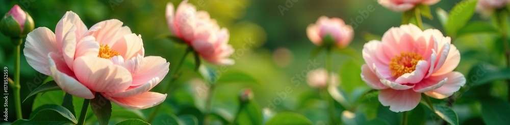 Soft peach-colored peonies in full bloom amidst lush foliage, flowers, garden Soft peach-colored peonies in full bloom amidst lush foliage, flowers, garden