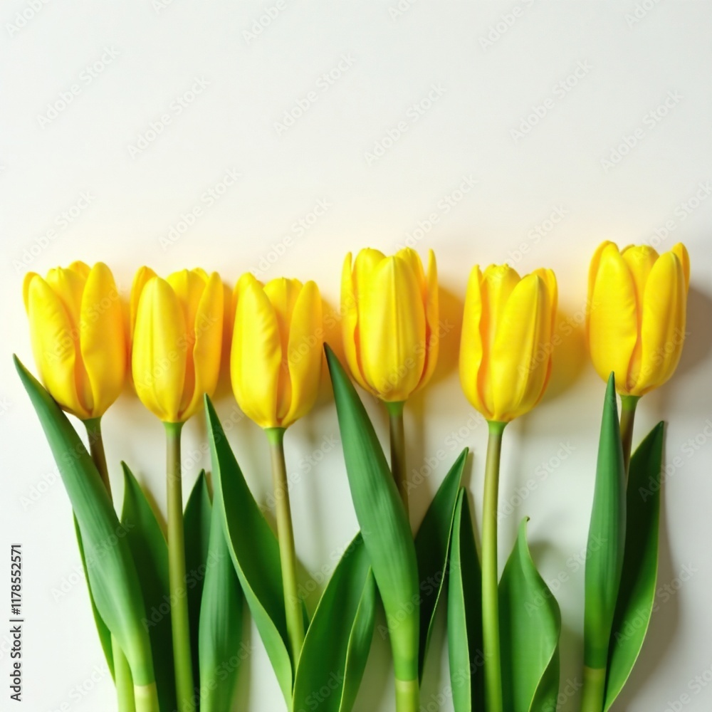 Row of yellow tulips with green stems and leaves, , leaves, flowers