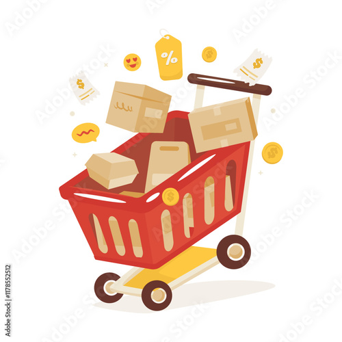 Flat design red shopping cart with product packages for shopping retail business