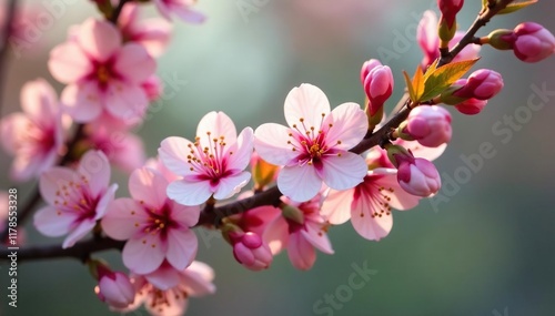 delicate pink blossoms unfold on a lush green branch, flowers blooming, flowering trees, green branches