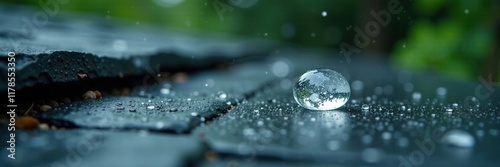 A single hailstone falls on the slate roof in summer rain, slate, water droplet