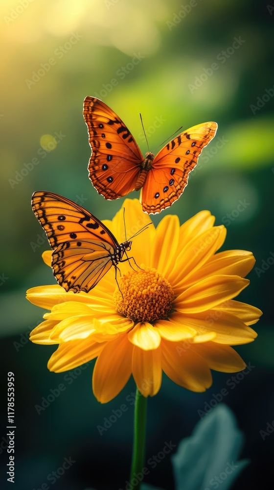 Two vibrant butterflies perched on a bright yellow flower in a natural setting.
