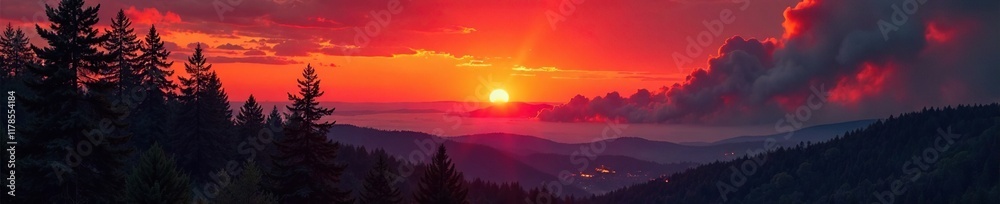 Fototapeta premium Sunset over burning pine forest with wildfire smoke, inferno, forest fire