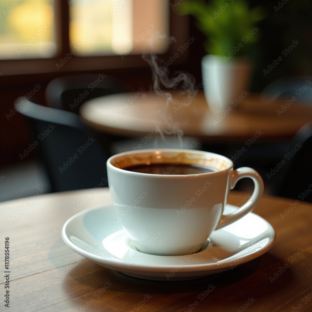 Steaming cup of coffee in a white saucer on a wooden table, comforting, steam Steaming cup of coffee in a white saucer on a wooden table, comforting, steam