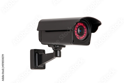 A sleek black surveillance camera equipped with a red LED light, designed for monitoring and security purposes.