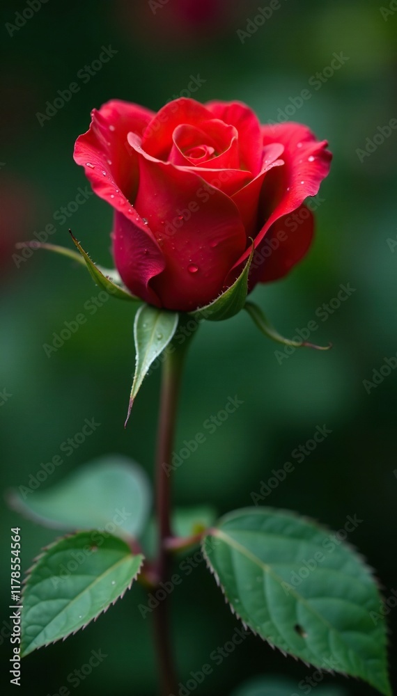 Single red rose bud with dew drops on its petals, garden, floral, nature Single red rose bud with dew drops on its petals, garden, floral, nature