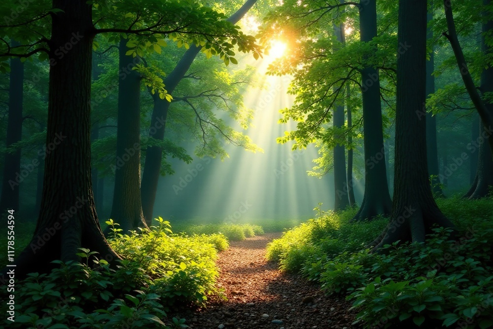 Obraz premium Soft light filtering through trees in the forest, shadowy, trees, dappled