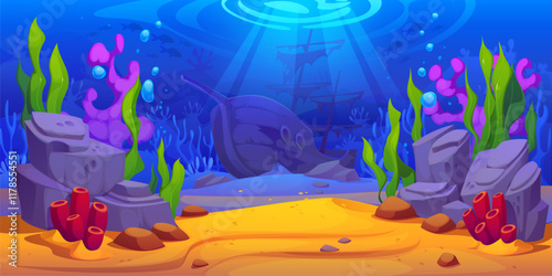 Cartoon underwater landscape game background with sunken pirate ship on tropical coral reef bottom. Vector shipwreck underwater landscape of fish shoals, corals, seaweeds and rocks in blue water