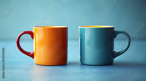 Two colorful coffee mugs on a blue background. created with Generative AI technology photo