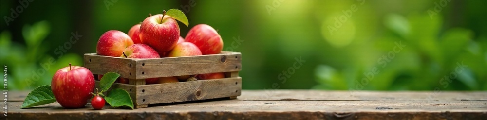 Wooden box with apples and a small plant nearby, greenery, natural Wooden box with apples and a small plant nearby, greenery, natural