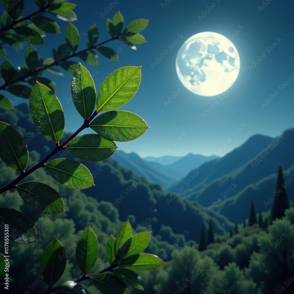 Obraz premium Eucalyptus leaves glistening with dew and moonbeams, landscape, full moon, eucalyptus