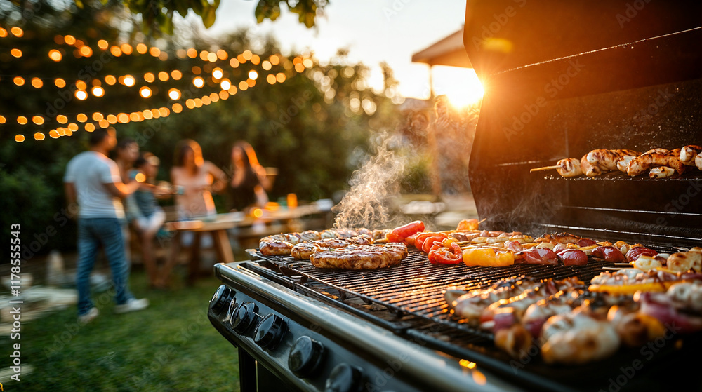 The image shows a backyard barbecue scene with string lights hanging above, creating a warm and inviting atmosphere