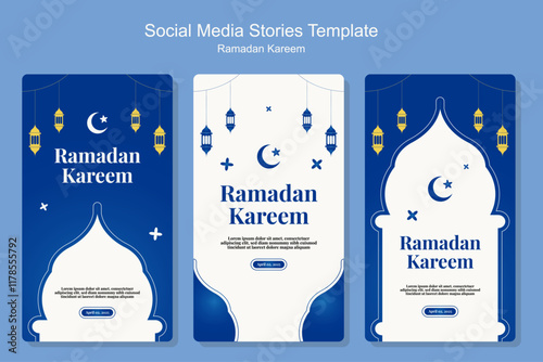 Collection of modern style Ramadan Mubarak stories social media template with image place holder with latern and mosque illustration photo