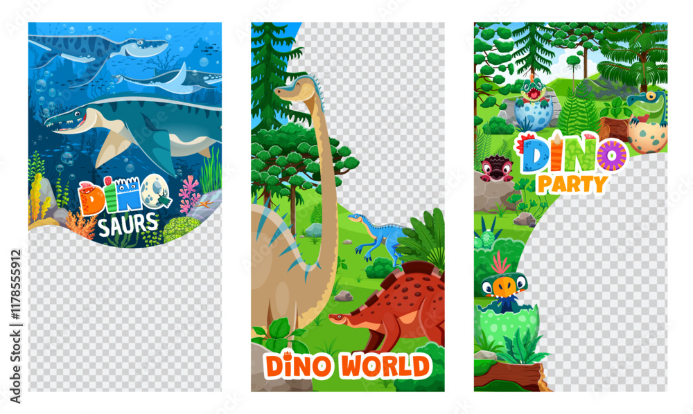 Obraz premium Dino park flyer templates with prehistoric dinosaurs in lush, jungle forest and underwater landscape. Vector frame or border for promoting adventurous dinosaur themed events, parties or entertainment