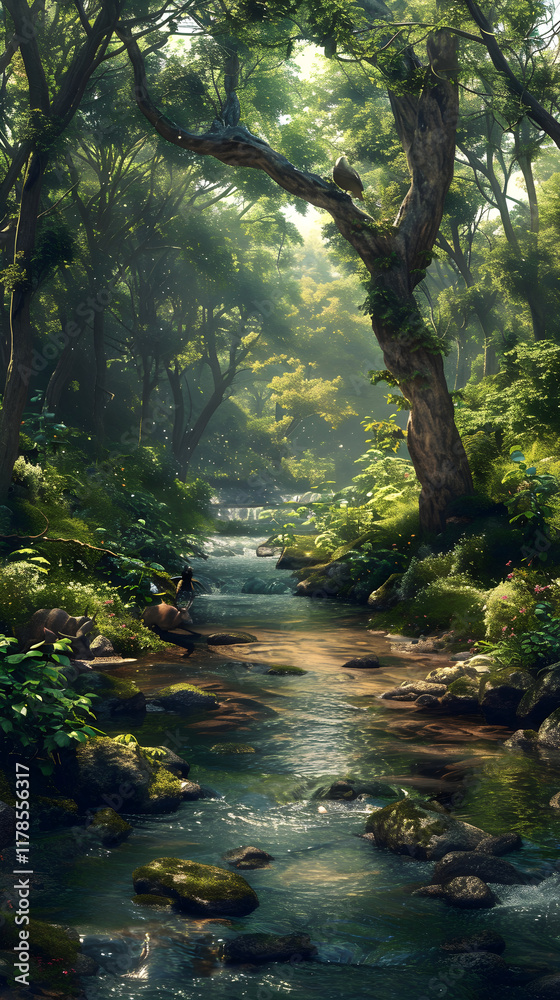 Nature's Symphony: A Harmonious Scene of Tranquil River Flowing Through Lush Forest Coexisting with Wildlife in Perfect Balance Nature's Symphony: A Harmonious Scene of Tranquil River Flowing Through Lush Forest Coexisting with Wildlife in Perfect Balance