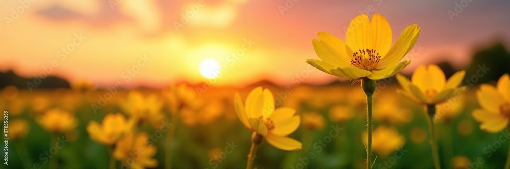 Obraz premium Evening primrose blooms against a warm sunset sky with soft yellow petals, serene, bloom, warm