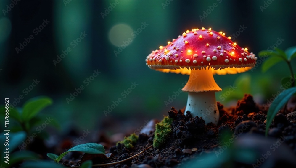 Fototapeta premium Luminous fly agaric cap glows softly in the forest floor's darkness, forestfloor, fungi