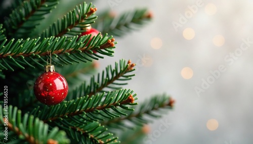 Red shiny marble decorates an evergreen fir tree slender branch tip, shiny, marble photo