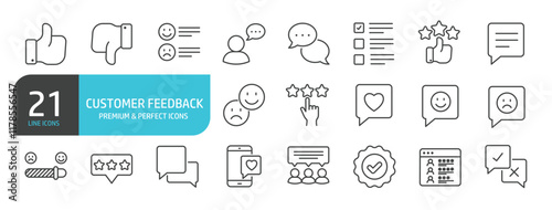 Set of line icons related to feedback, testimonial, review, rating, survey. Outline icons collection. Editable stroke. Vector illustration.