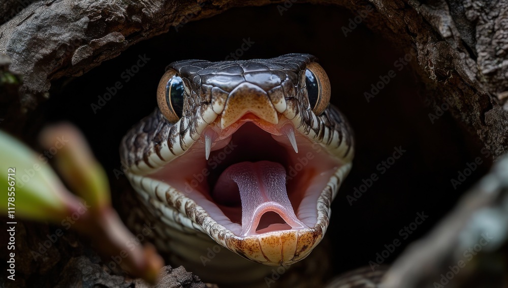 Obraz premium Close-Up of a Serpent Emerging from a Hollow Tree, Showcasing Its Distinctive Features and Intense Expression with Tongue Flicking in Natural Habitat