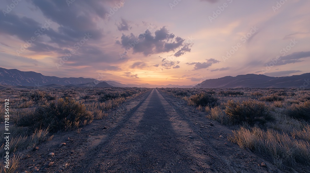 A Lone Straight Road Running Through a Rocky Desert Landscape A Lone Straight Road Running Through a Rocky Desert Landscape