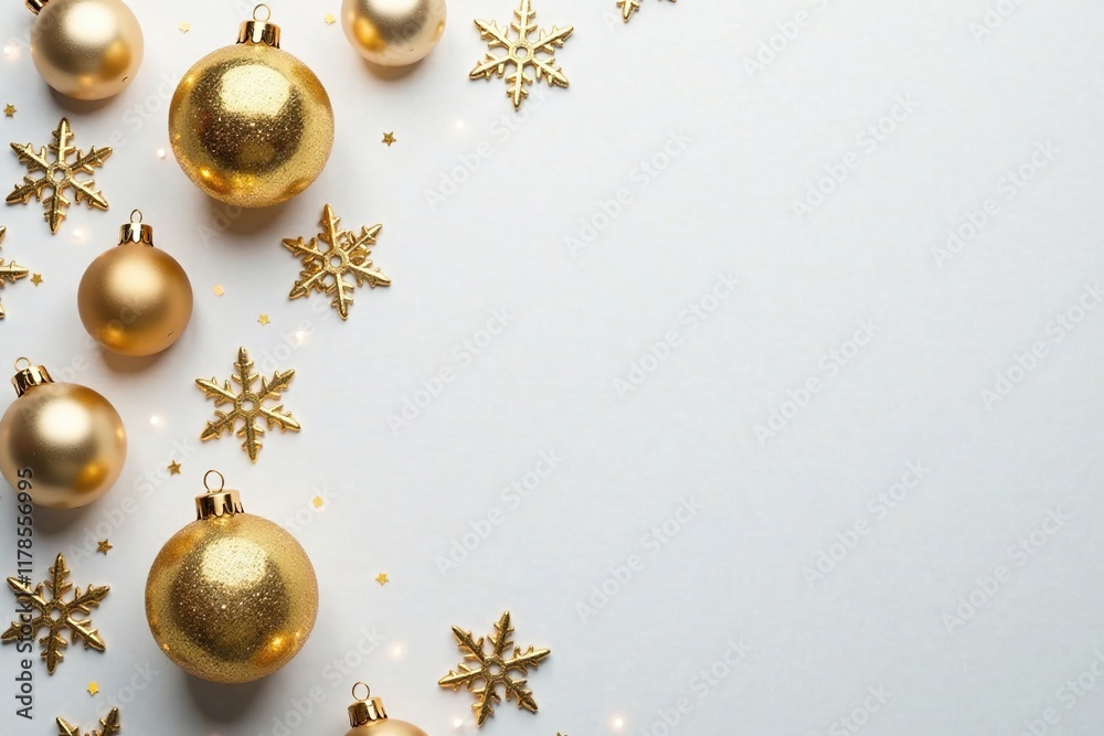 Fototapeta premium Glittering golden ornaments scattered on a snowy white background, snowflake, white