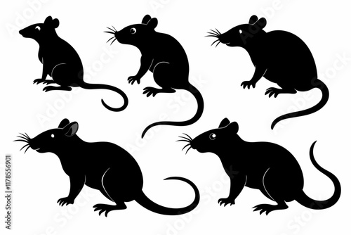 Rat and mouse vector silhouette. Mouse and rat mammal animal silhouette.
